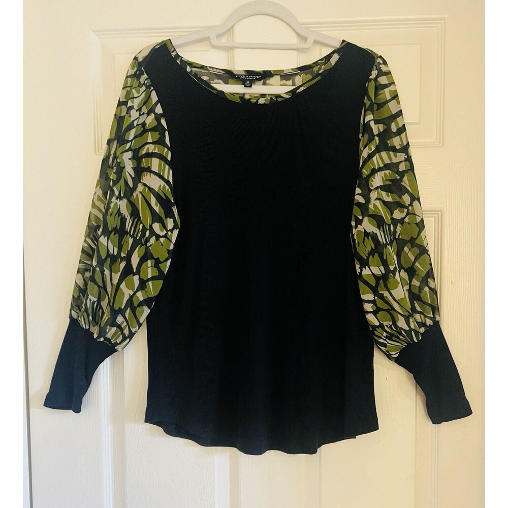 LIVERPOOL Los Angeles Mixed Media Top XL Black Knit Sheer Green Artsy Eclectic